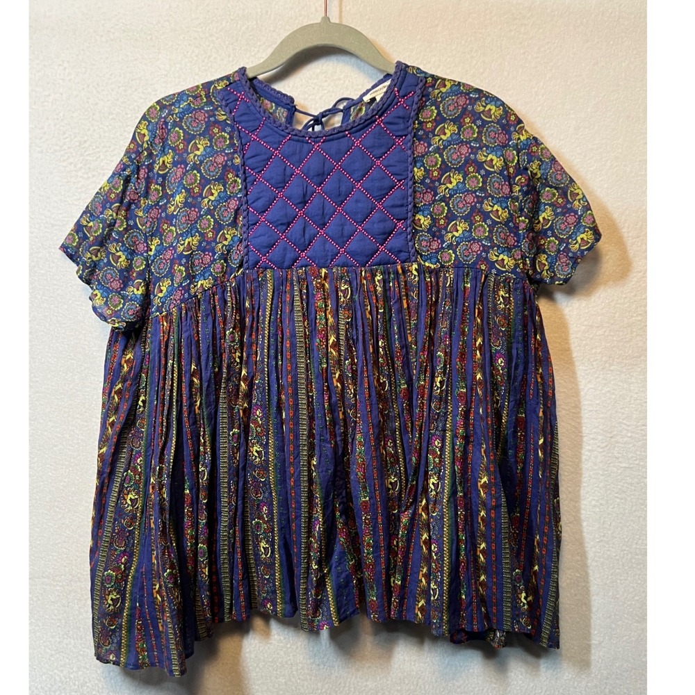 Manoush Top Floral Patchwork Bohemian Quilted Short Sleeve Blue Size 34 US‎ 4